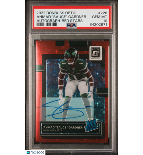 2022 Donruss Optic Ahmad “Sauce” Gardner #228 Auto-Red Stars #'d 5/11 PSA 10!