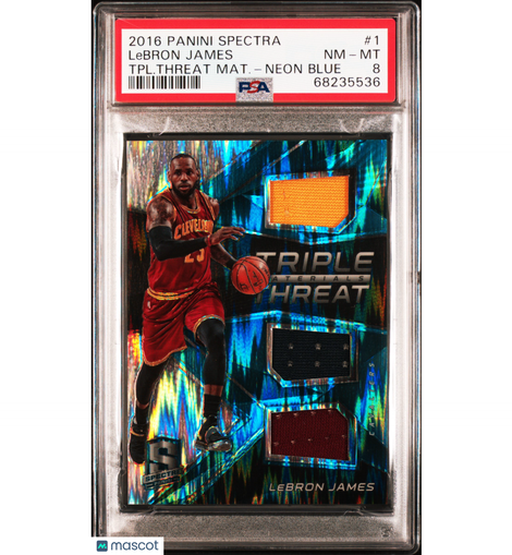 2016 Spectra Triple Threat Materials LeBron James #1  #'d 63/99 Neon Blue PSA 8